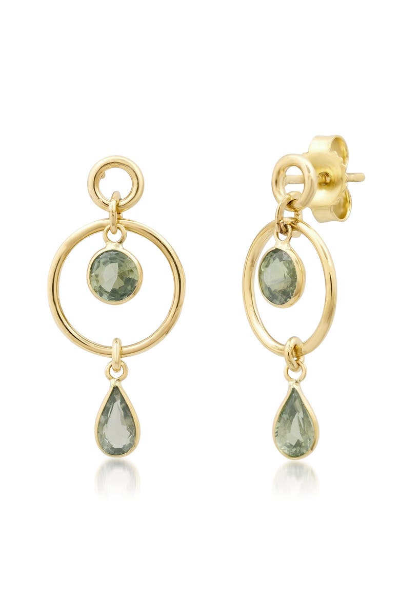 ELLIOT YOUNG 14K Double Circle Studs with Dangling Green Sapphire ROUND + TEARDROP Bezel, Main, color, 