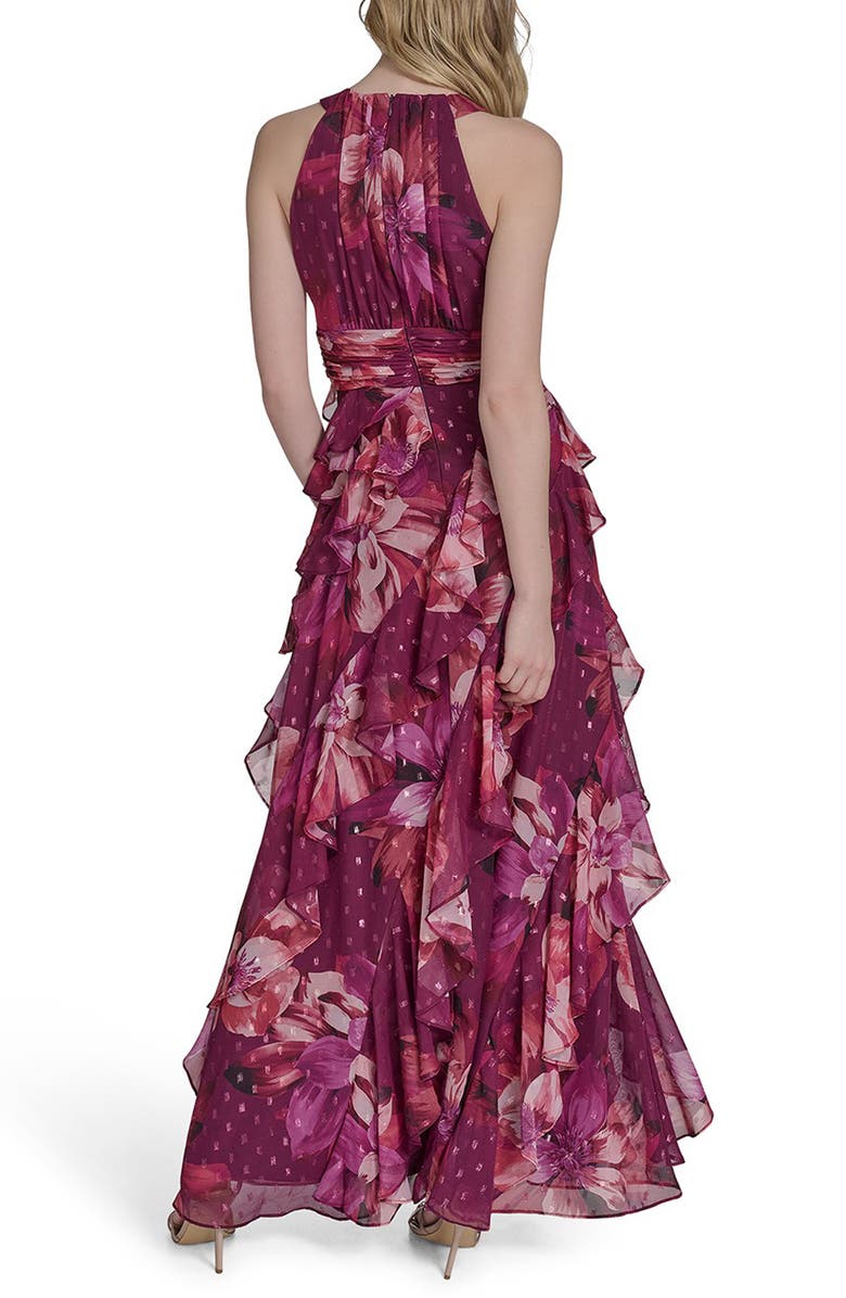 Eliza J Ruffle Metallic Clip Dot Sleeveless Maxi Dress, Alternate, color, Burgundy