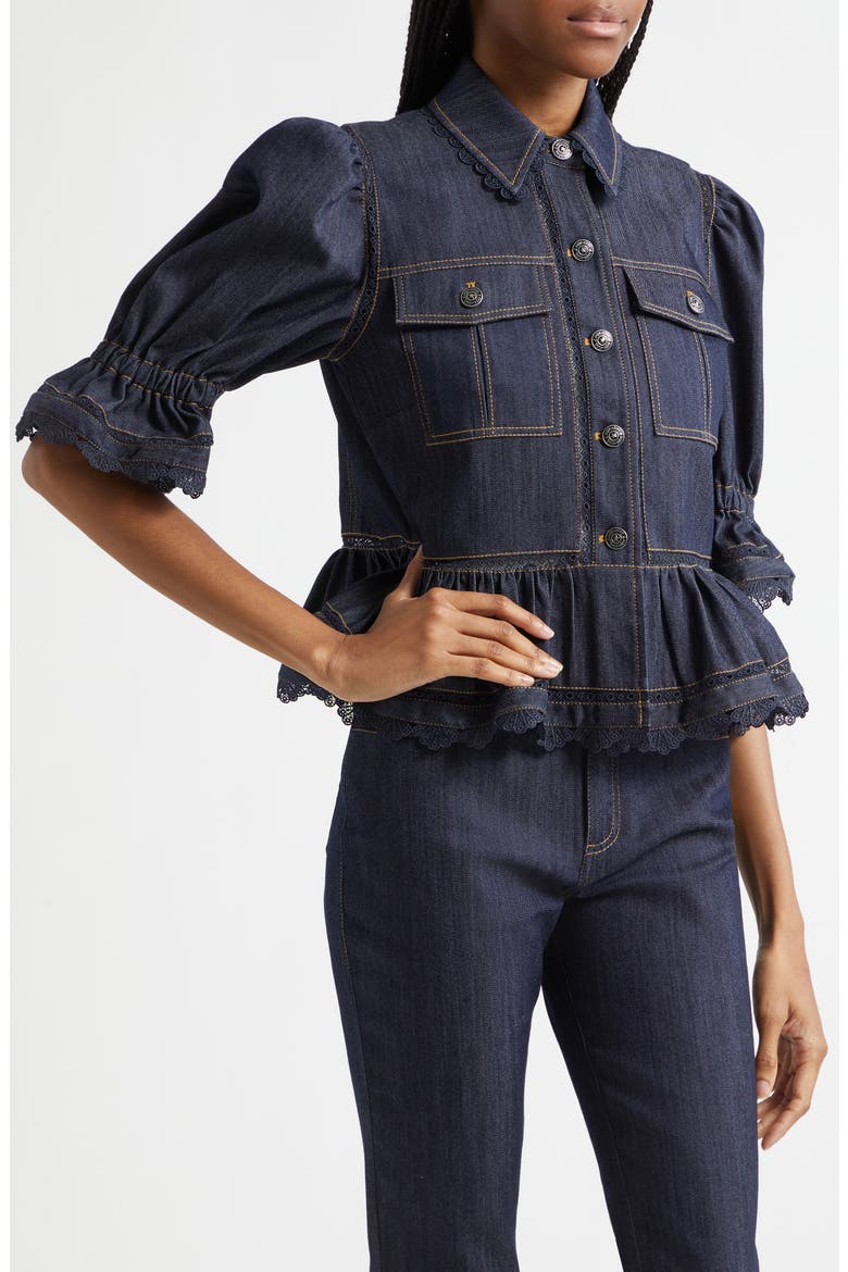 Guipure Lace Trim Peplum Jacket, Alternate, color, INDIGO