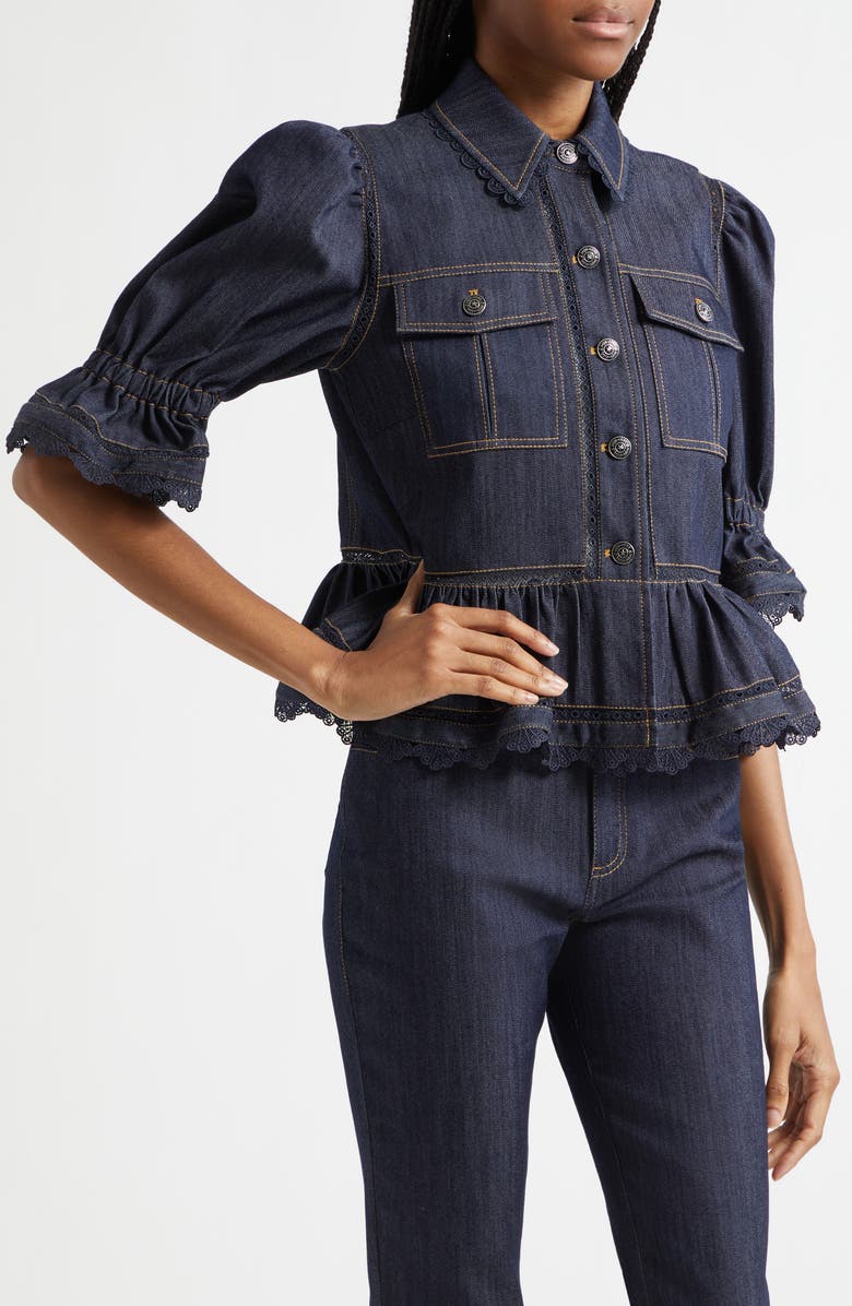 Cinq à Sept Guipure Lace Trim Peplum Jacket, Alternate, color, Indigo
