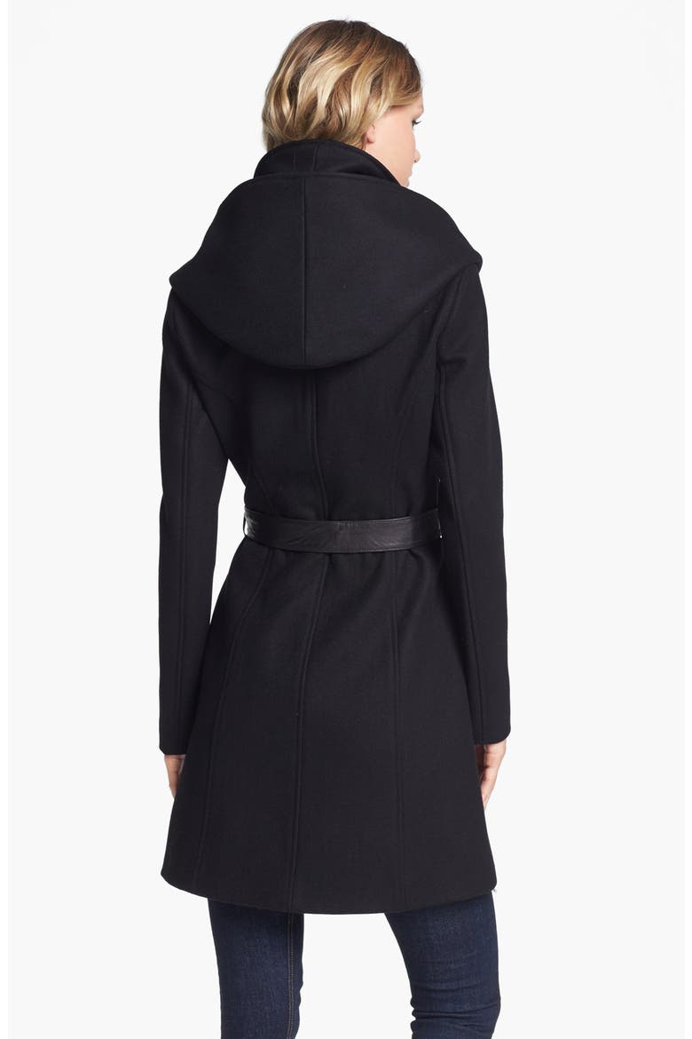 Hooded Wool Blend Coat with Leather Belt, Alternate, color, BLACK