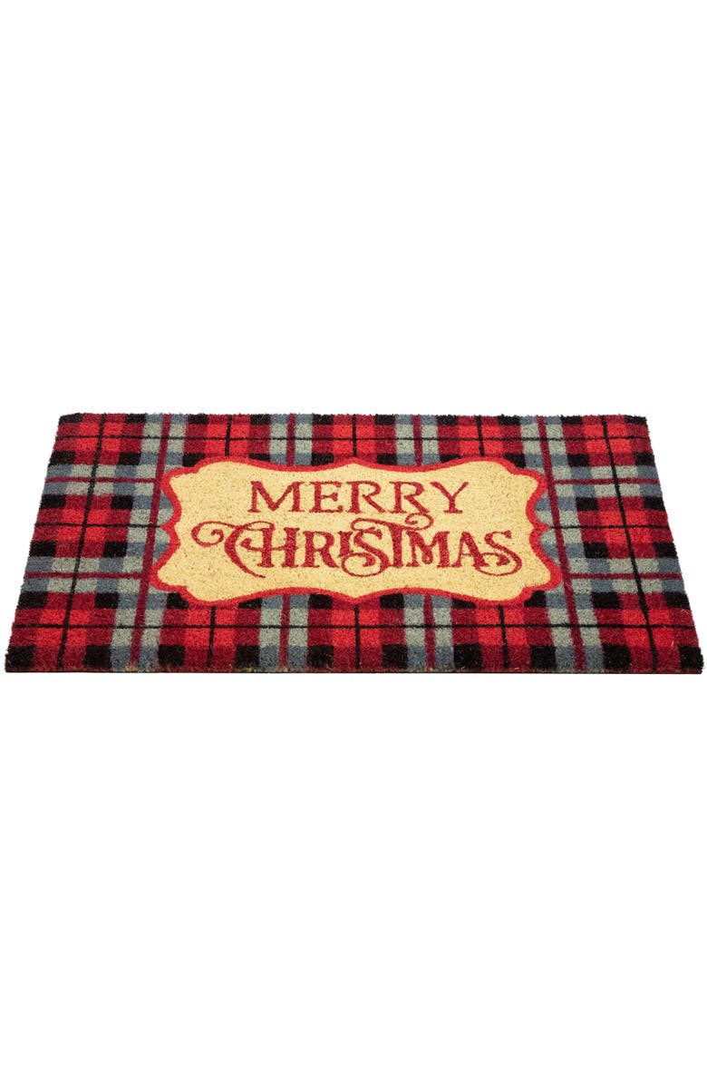 Northlight Plaid "Merry Christmas" Outdoor Coir Doormat - 18" x 30" - Black and Red, Alternate, color, Red