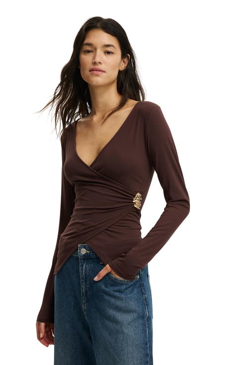 Women's Trim Detail Long Sleeve Wrap Top