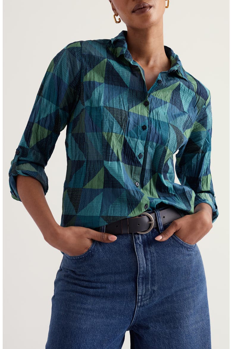 Larissa Crinkled Organic Cotton Shirt, Main, color, BLANKET GEO ESTUARY