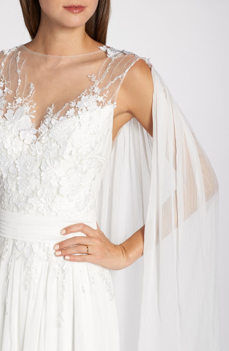 Tadashi Shoji Embellished Chiffon Cape Back Wedding Dress, Alternate, color, 