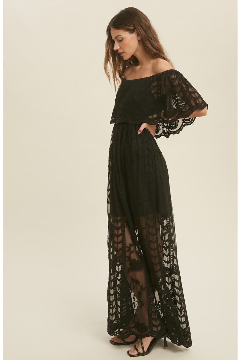 Lace Overlay Off the Shoulder Maxi Dress, Alternate, color, BLACK