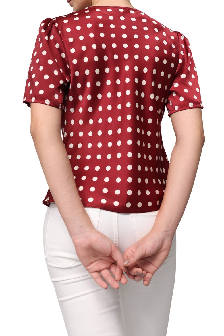 Tie Neck Short Sleeve Satin Top, Alternate, color, MAROON BONE DOT