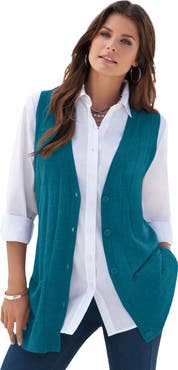 Roaman's Plus Size Drop Needle Vest Lightweight Sweater Knit