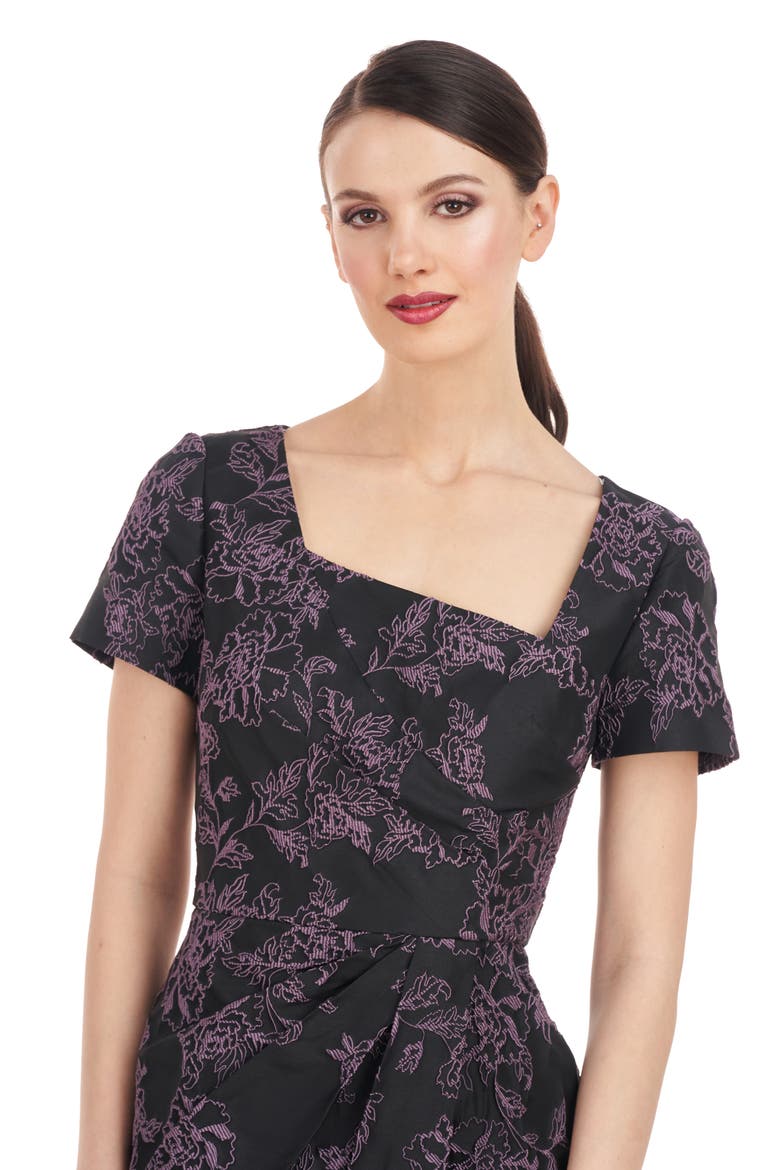 Rosalyn Floral Short Sleeve Column Gown, Alternate, color, BLACK/ DARK LAVENDER