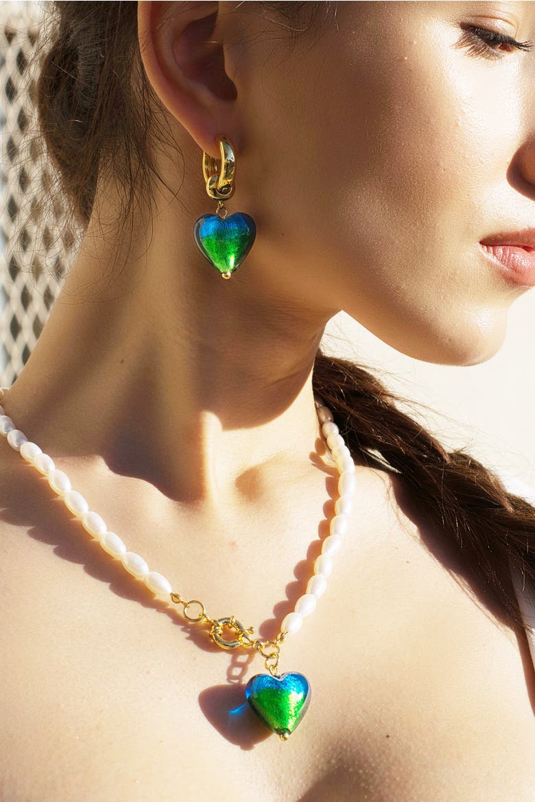 Esmée Peacock Green Murano Heart Pendant Pearl Necklace, Alternate, color, Peacock