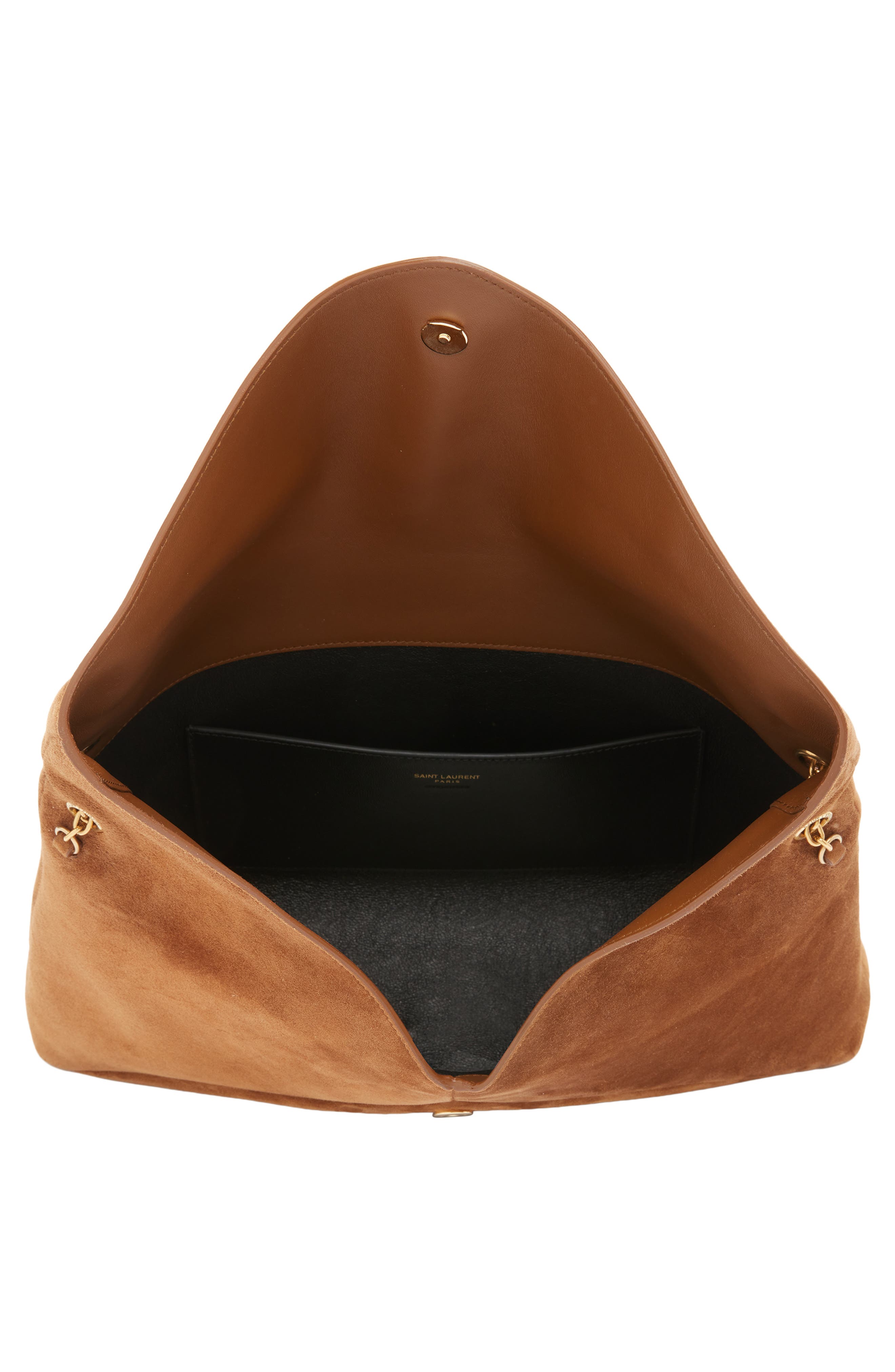 Saint Laurent Extra Large Cassandre Suede Pouch on a Chain, Alternate, color, Caramel Cognac