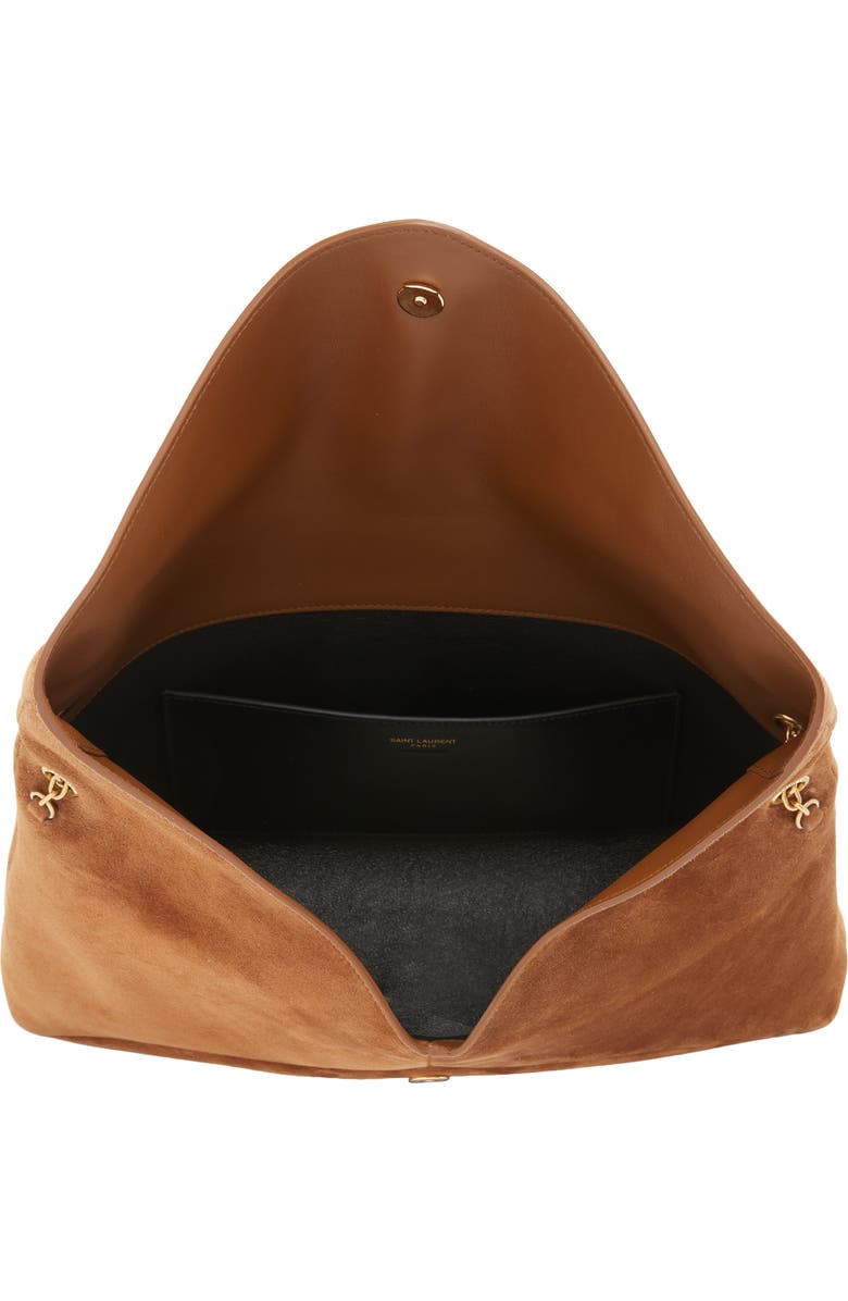 Saint Laurent Extra Large Cassandre Suede Pouch on a Chain, Alternate, color, Caramel Cognac