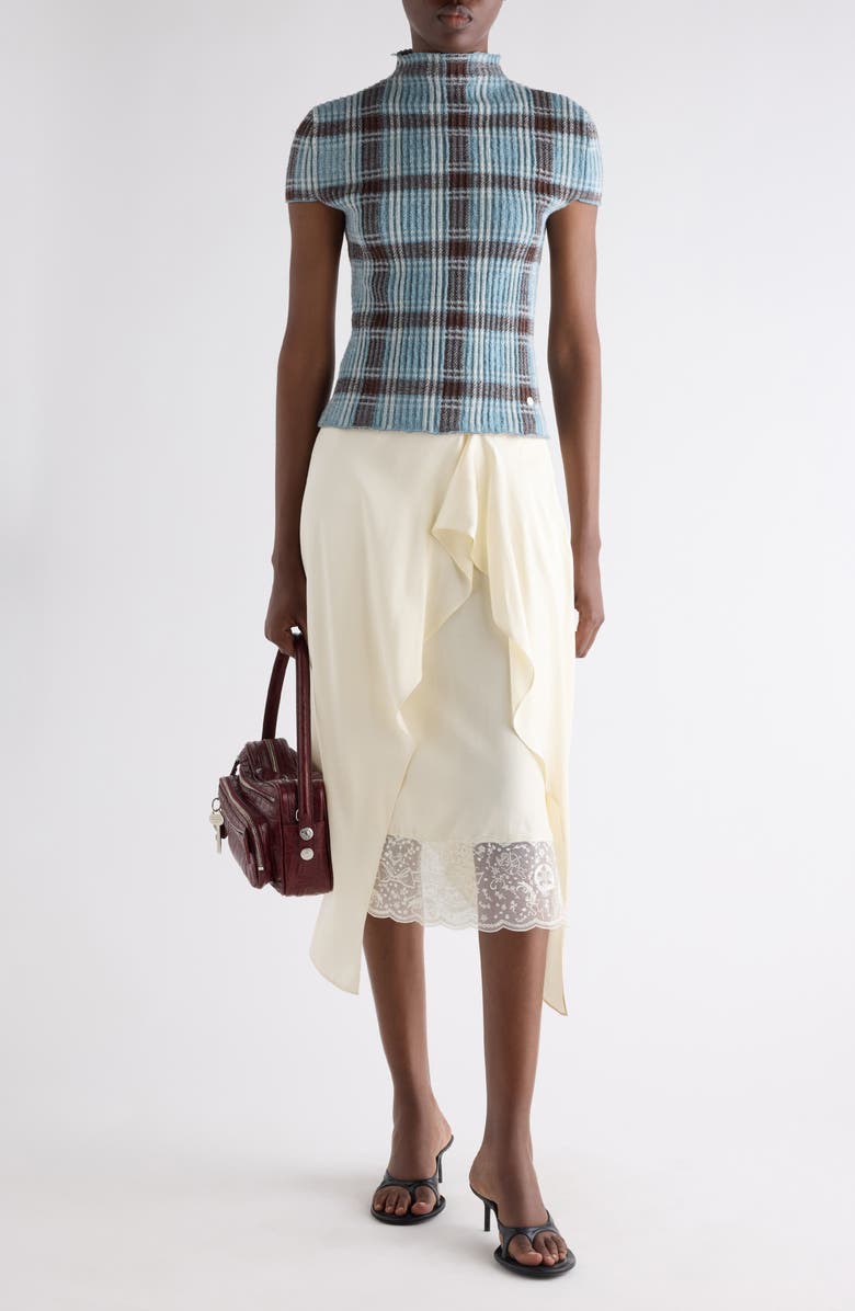 Acne Studios Plaid Short Sleeve Wool Funnel Neck Sweater, Alternate, color, Blue/ Brown