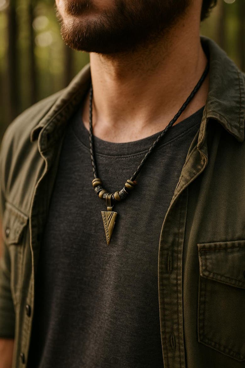 Cheyenne  Triangle and Beaded Vegan Leather Adjustable Necklace, Alternate, color, Black