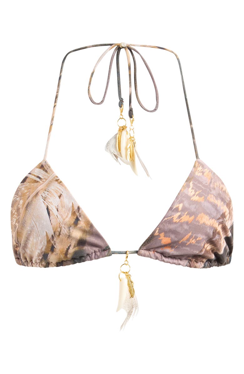 JADED LONDON Triangle Feather Embellished Bikini Top, Main, color, Brown