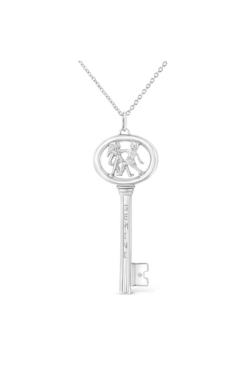 .925 Sterling Silver Diamond Accent Zodiac Key 18" Pendant Necklace, Main, color, Gemini