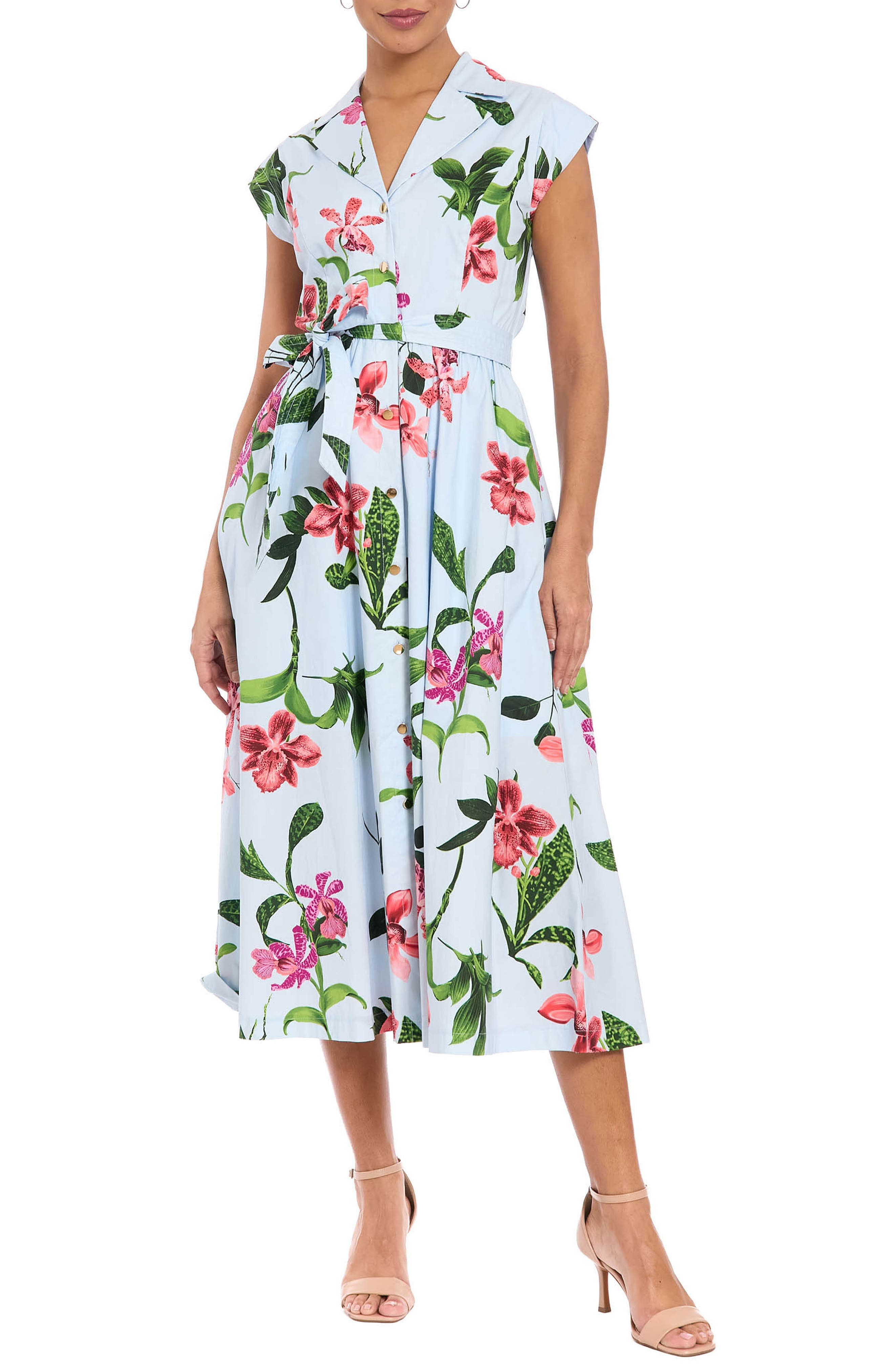 London Times Floral Print Belted Midi Shirtdress