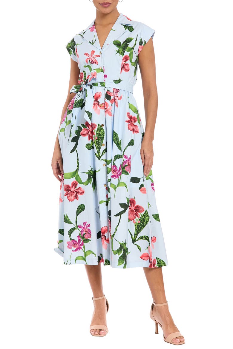 Floral Print Belted Midi Shirtdress, Main, color, BLUE/ CORAL