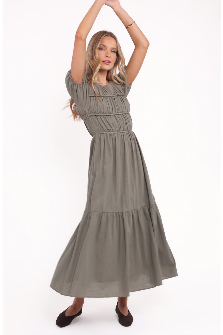 Deloria Shirred Ruffle Maxi Dress, Alternate, color, OLIVE