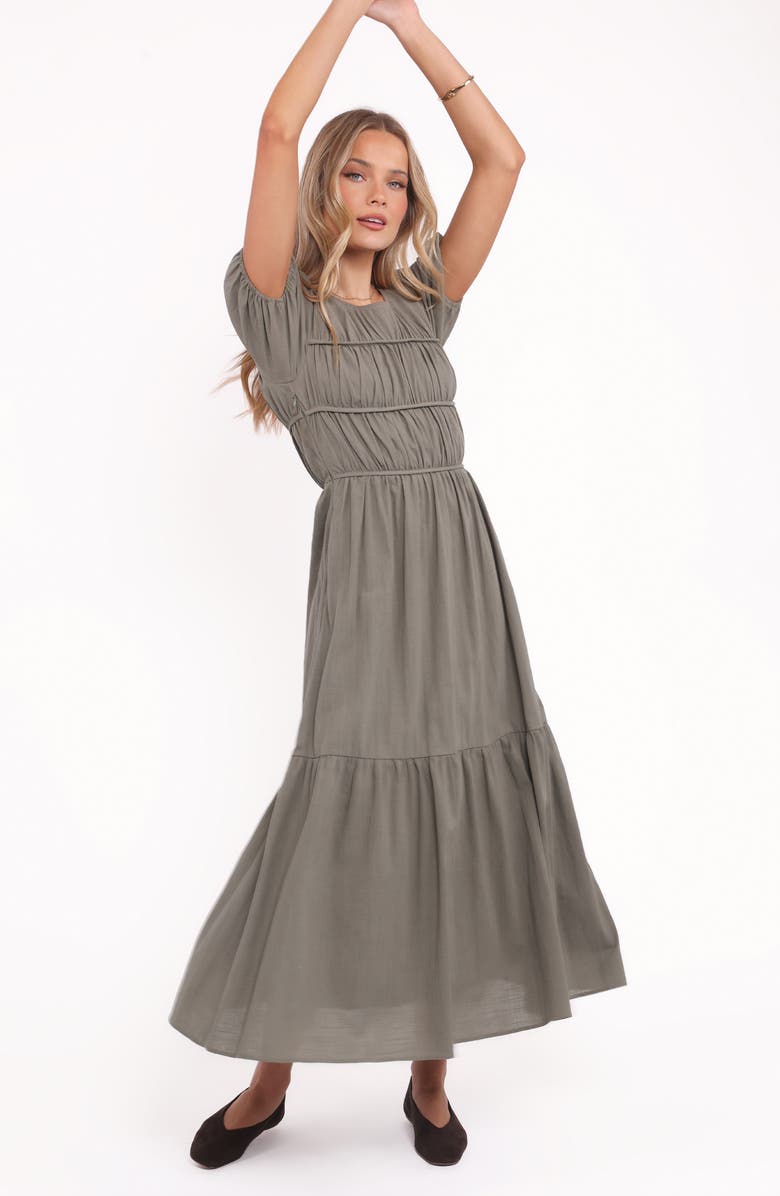 Petal & Pup Deloria Shirred Ruffle Maxi Dress, Alternate, color, Olive