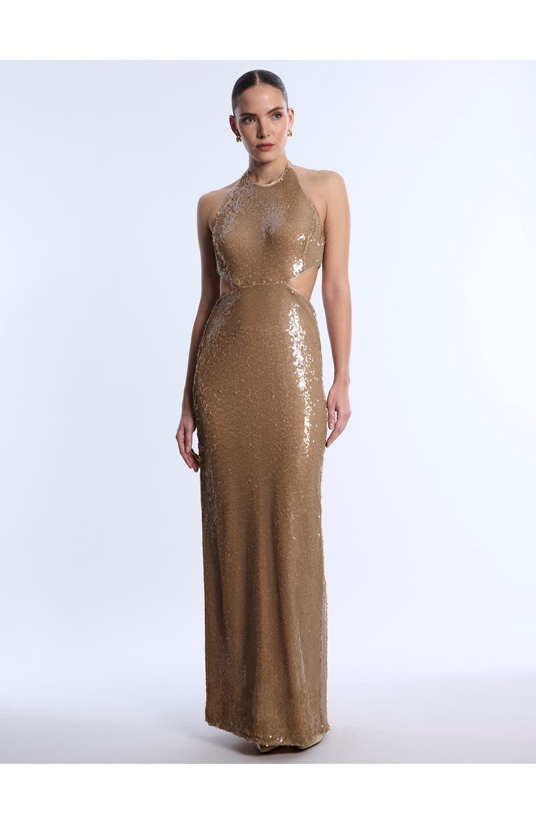 BCBGMAXAZRIA Sequin Cutout Halter Gown, Alternate, color, Almond