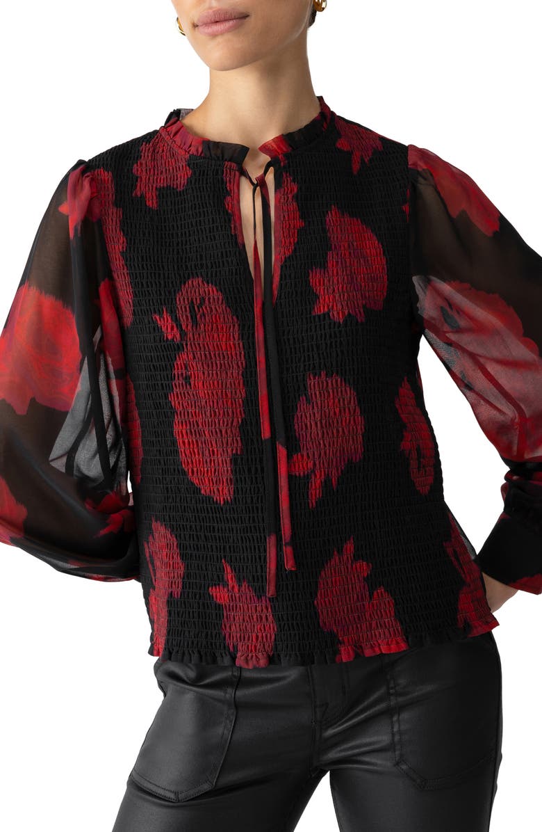 Sanctuary Softly Smocked Tie Neck Recycled Polyester Top, Alternate, color, 