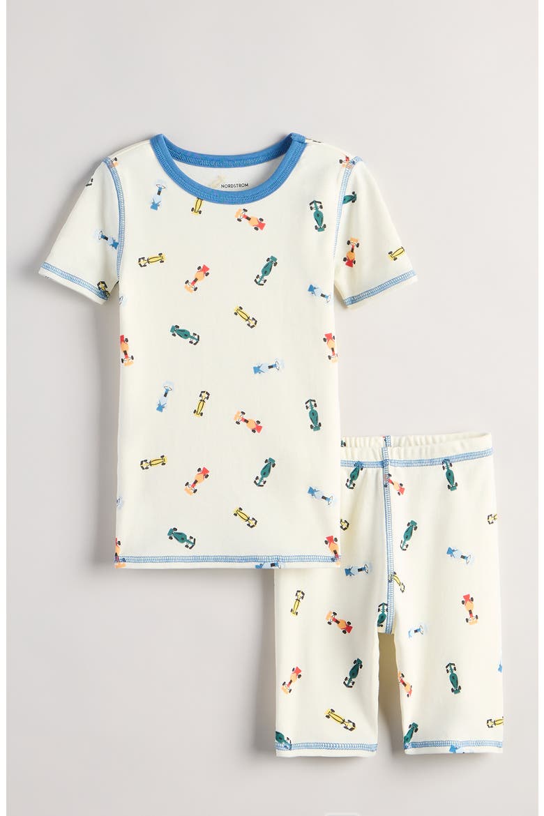 Kids' Glow in the Dark Fitted Two-Piece Short Pajamas, Main, color, IVORY DEEP WATER CARS