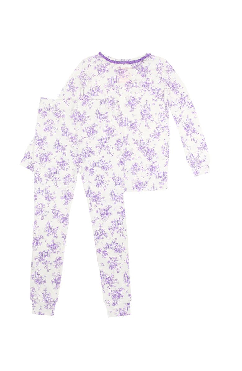 RuffleButts SoftSnooze Girls Ruffle Long Sleeve Pajama Set, Alternate, color, Purple Princess Castle Toile