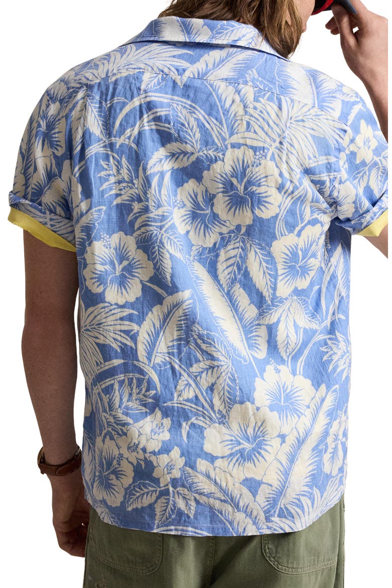 Classic Fit Tropical Print Linen Camp Shirt, Alternate, color, 7165 BLUE SWEETHEART FLORAL