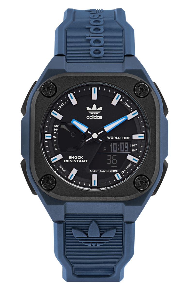 adidas City Tech One Resin Strap Watch, 45mm, Main, color, Blue/ Black/ Blue