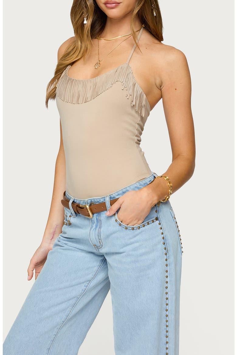 Colbie Faux Suede Fringe Trim Bodysuit, Alternate, color, BEIGE