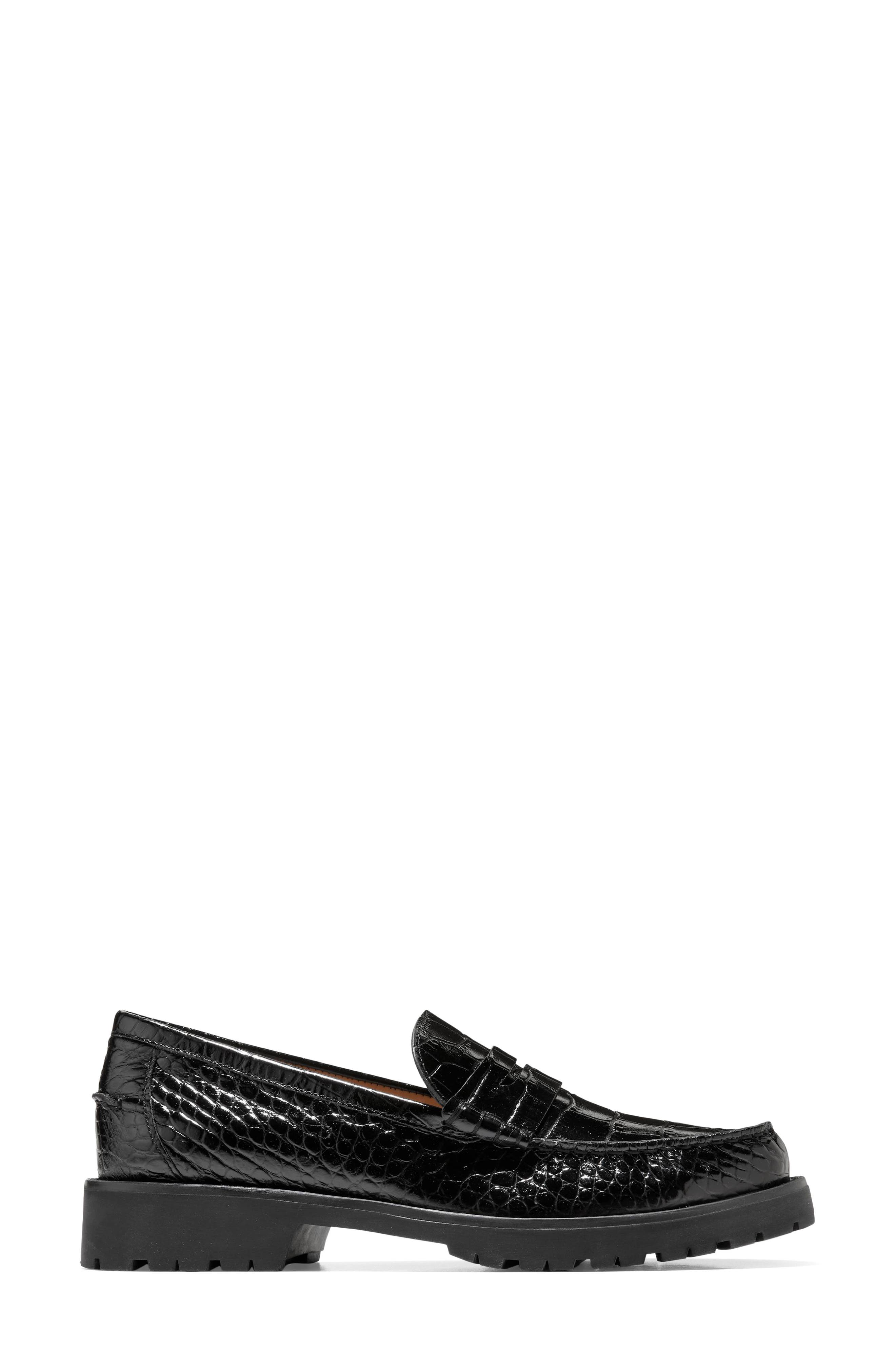 Treena Lug Penny Loafer, Alternate, color, BLACK CROC PRINT LEATHER