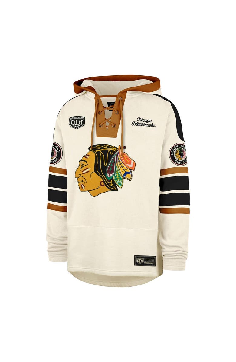 '47 Men's '47  Cream Chicago Blackhawks Blue Line Heritage Lacer Pullover Hoodie, Alternate, color, 