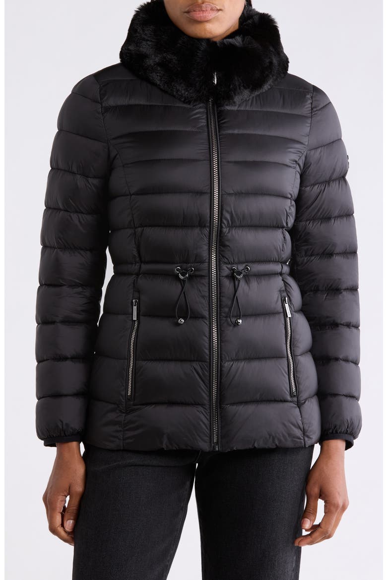 Faux Fur Collar Packable Anorak, Alternate, color, BLACK