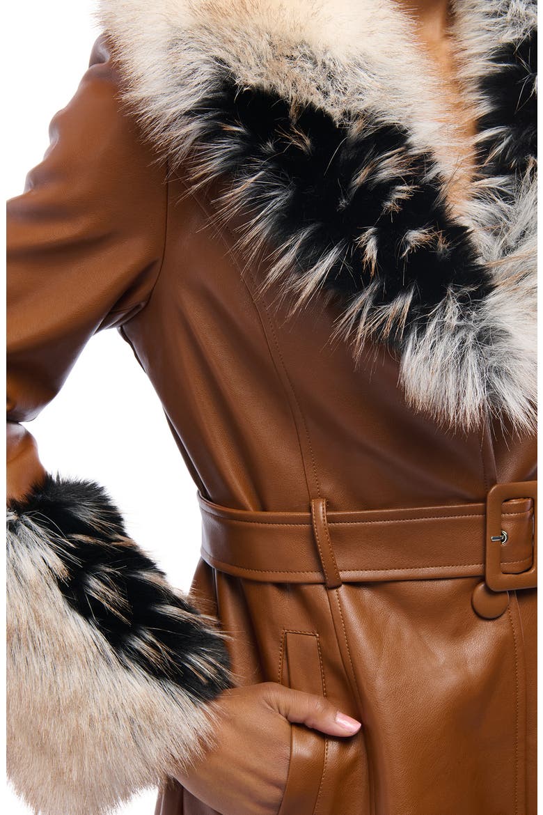 Kaya Faux Leather & Faux Fur Coat, Alternate, color, BROWN