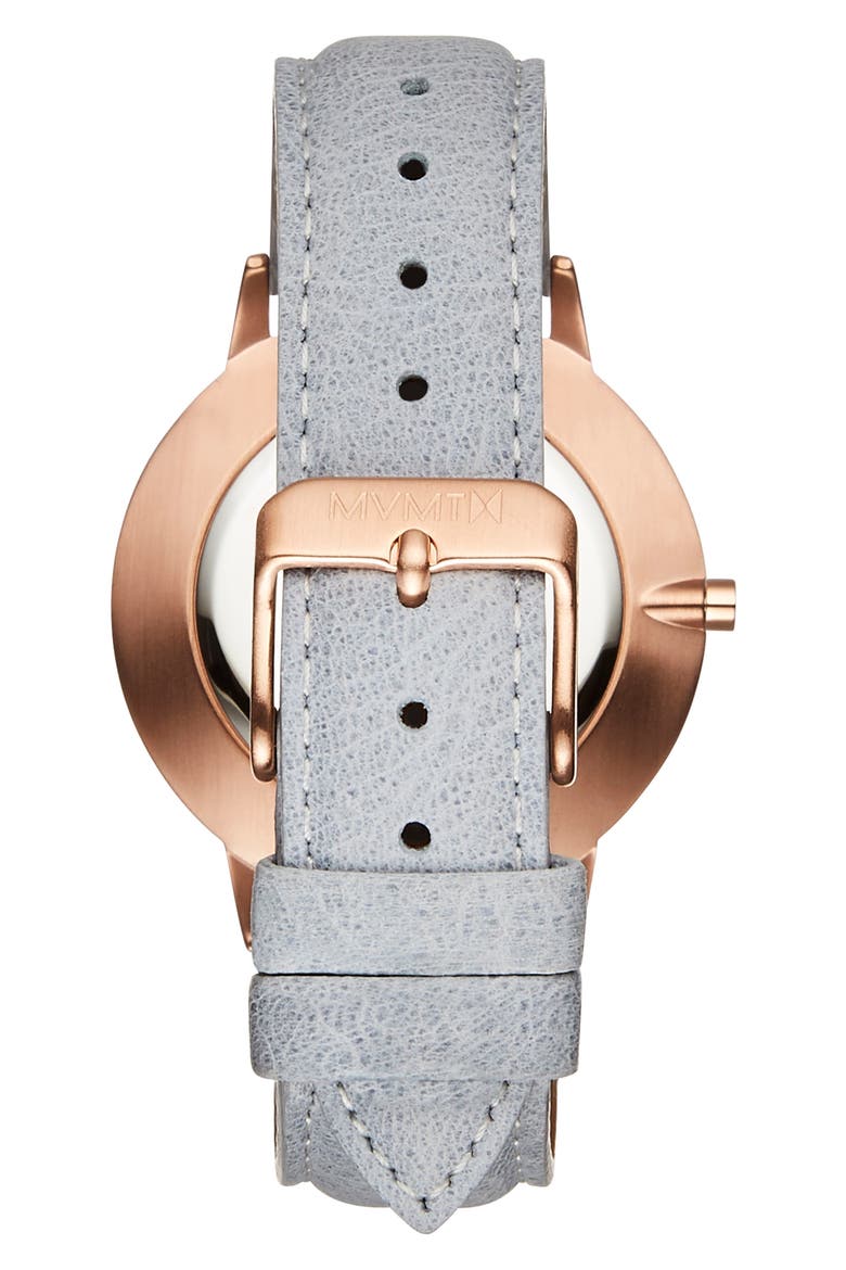 MVMT Boulevard Leather Strap Watch, 38mm, Alternate, color, GREY/ WHITE/ ROSE GOLD
