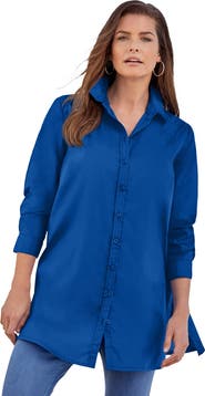 Roaman's Kate Long-Sleeve Crisp Cotton-Blend Button-Front Tunic