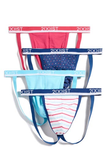 2(x)ist Assorted 4-pack Stretch Cotton Jock Strap In Bluetopaz Rasberrywine