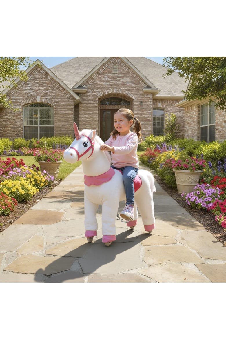 Ride on Unicorn Toy for Kids Plush Baby Rocking Horse Mechanical Walking Animal with Wheels No Batteries Required, Alternate, color, White