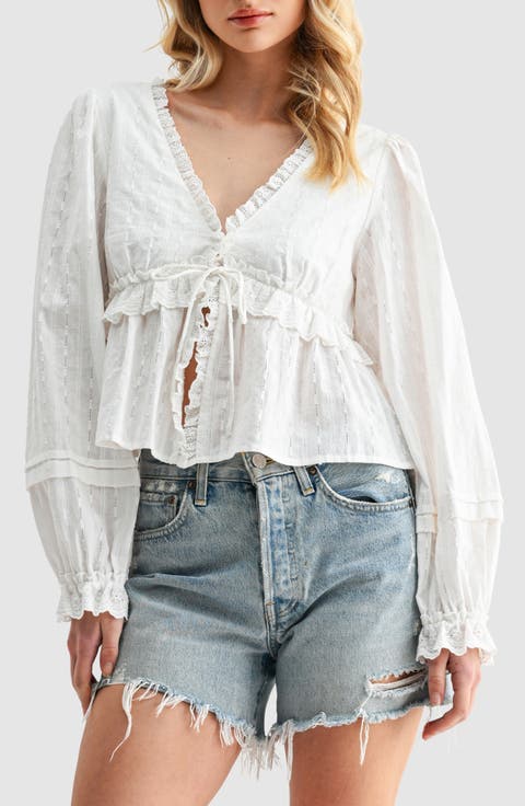 Embroidered Eyelet Long Sleeve Peplum Crop Top