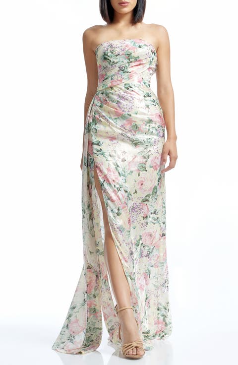 Lulu Metallic Floral Strapless Gown