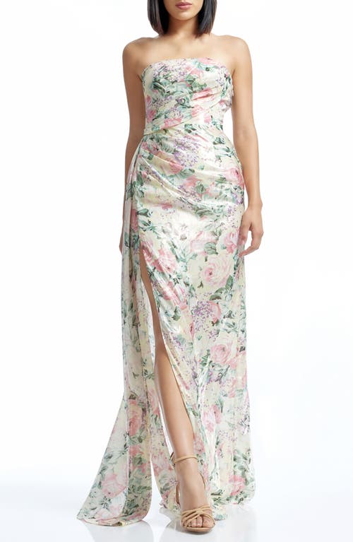 Dress The Population Lulu Metallic Floral Strapless Gown In Ivory Multi
