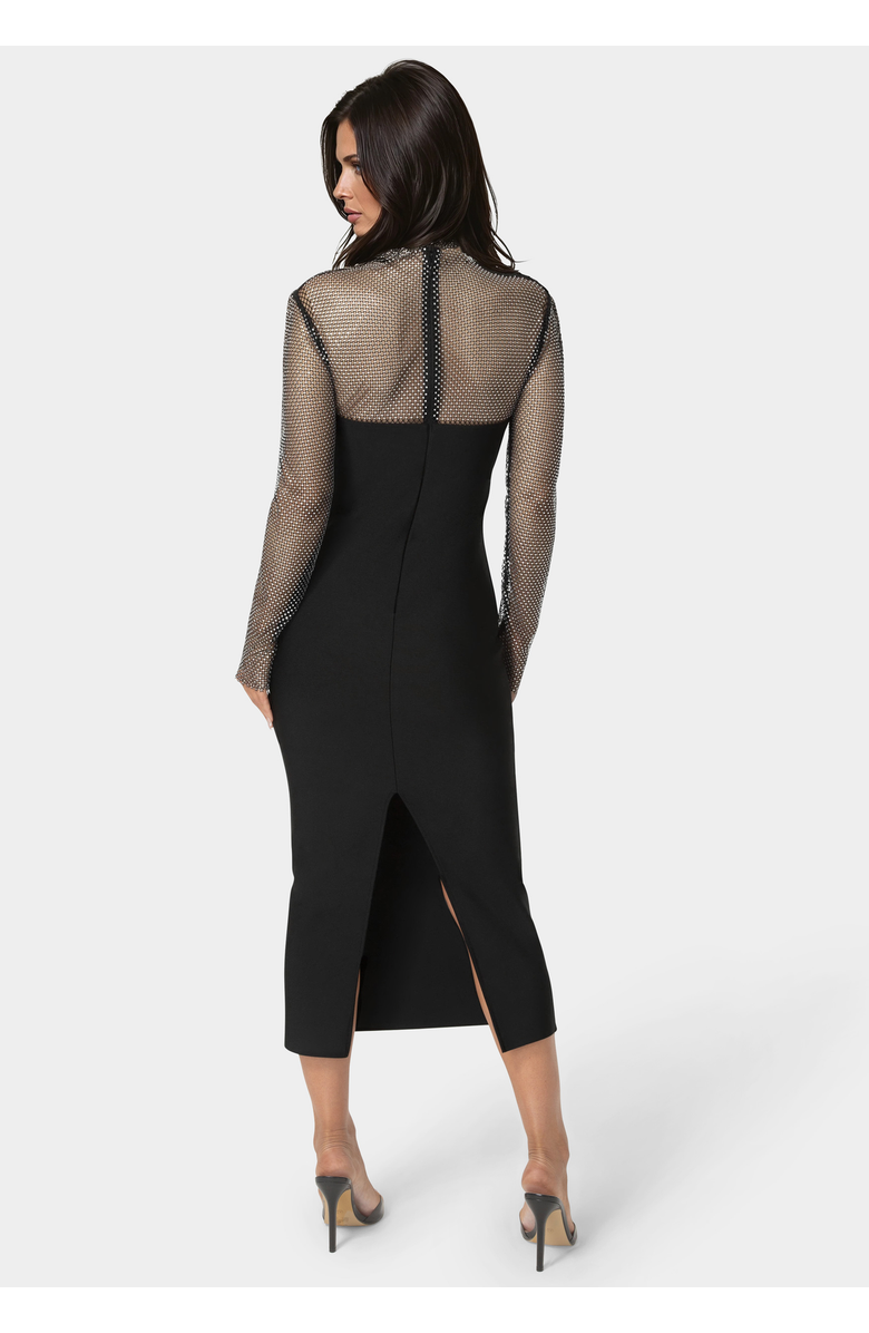 bebe Long Sleeve Midi Dress With Crystal Mesh Combo, Alternate, color, Black