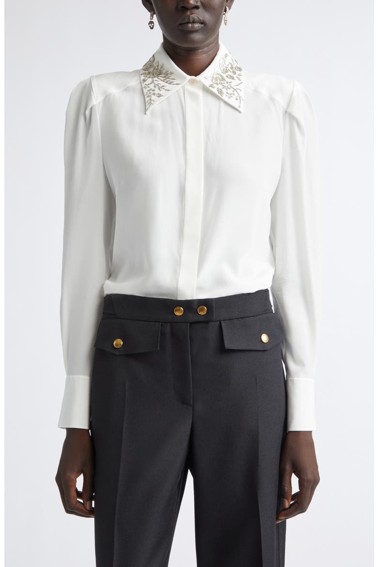 Beaded Collar Silk Button-Up Shirt, Main, color, LIGHT IVORY