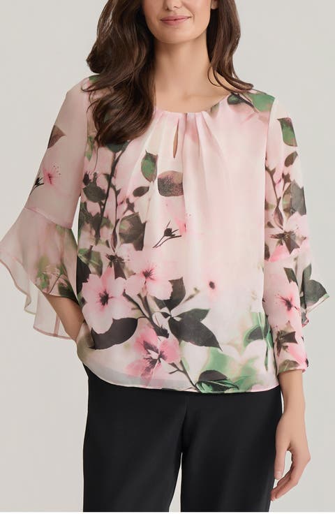 Floral Print Flutter Sleeve Top (Petite)