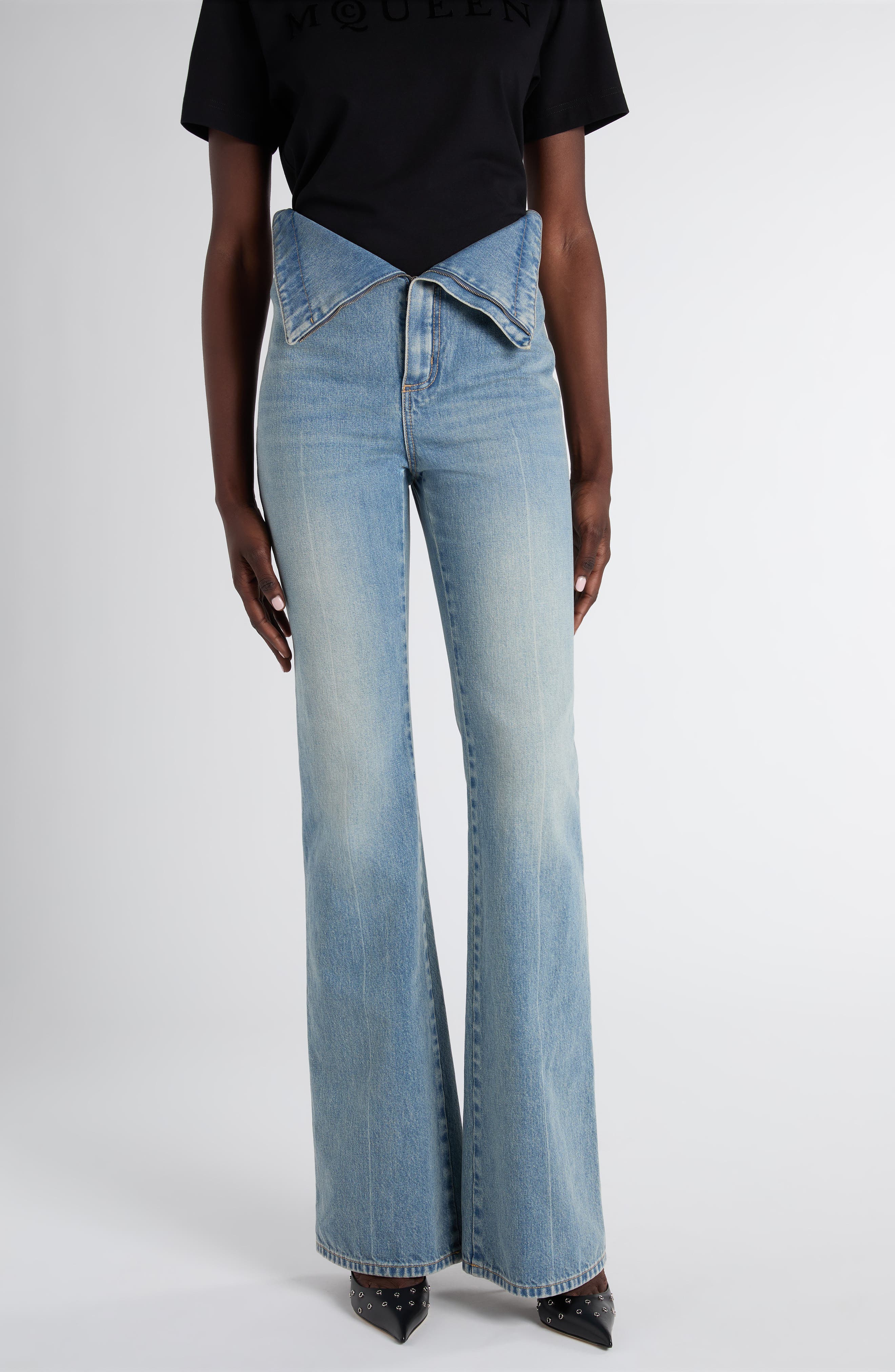 Foldover Waist Denim Bootcut Jeans