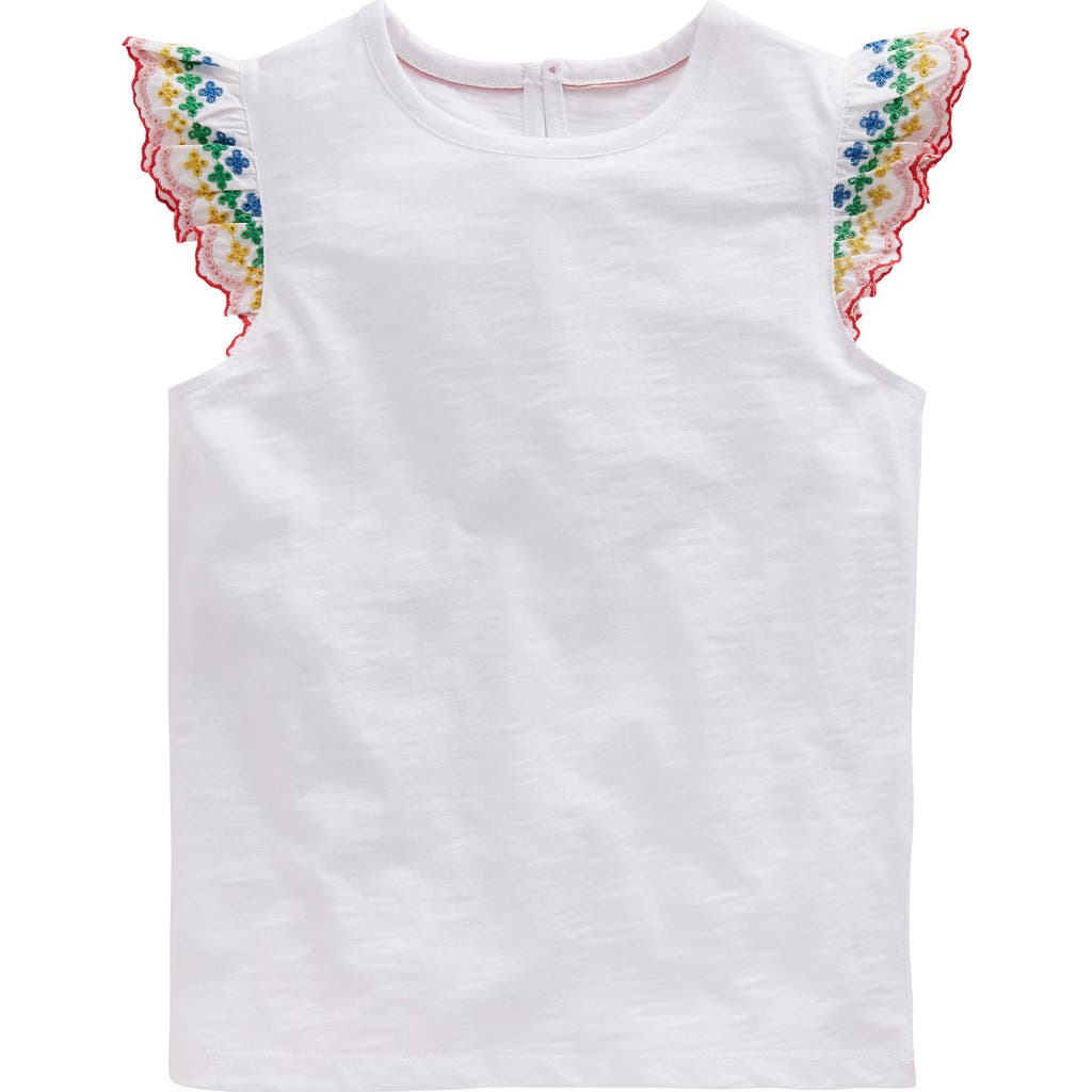 Mini Boden Kids' Embroidered Eyelet Flutter Sleeve Cotton T-shirt In White