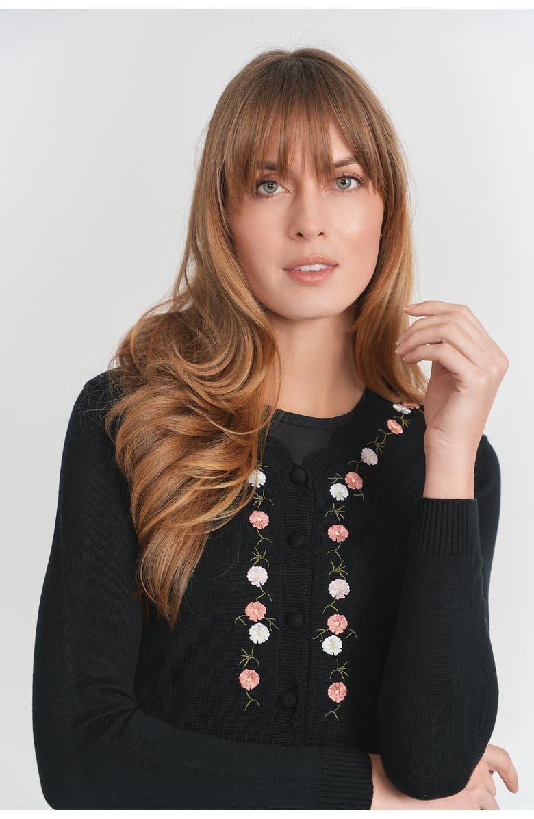Noni Floral Embroidered Scalloped V-Neck Knit Cardigan, Alternate, color, Black
