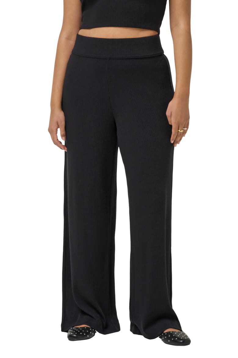Evening Retreat Rib Wide Leg Pull-On Pants, Alternate, color, BLACK