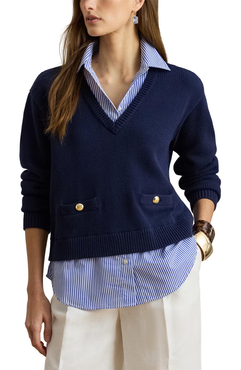 Lauren Ralph Lauren Layered Mixed Media Sweater, Main, color, Refined Navy Blue/ Multi